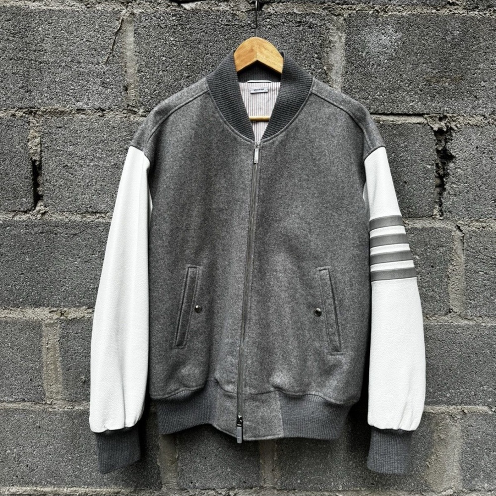 Thom Browne Gray and White Varsity Bomber Jacket